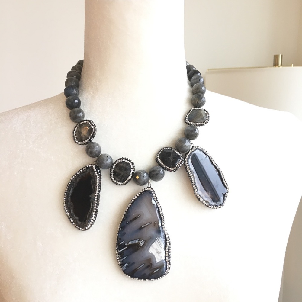 Statement Necklace Labradorite Gemstone Agate Slab - image 1